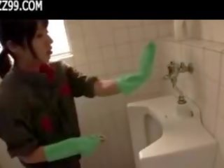 Mosaic: enchanting cleaner gives geek bukkake in lavatory 01